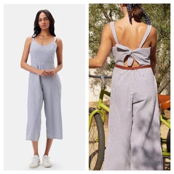 Amour Vert Pants - Amour Vert Taya Seersucker Wide Leg Jumpsuit Stripe Blue White Women's med NWT